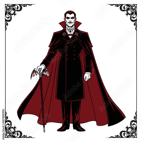 Elegant vampire character in classic attire with red cape