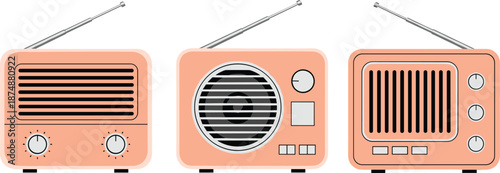 Vintage retro radio illustration set with antennas, knobs, speakers, and classic analog design for nostalgic decor themes