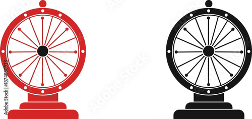 Vintage spinning wheel icons in red and black perfect for casino graphics, raffle designs, game UI elements, and illustrations