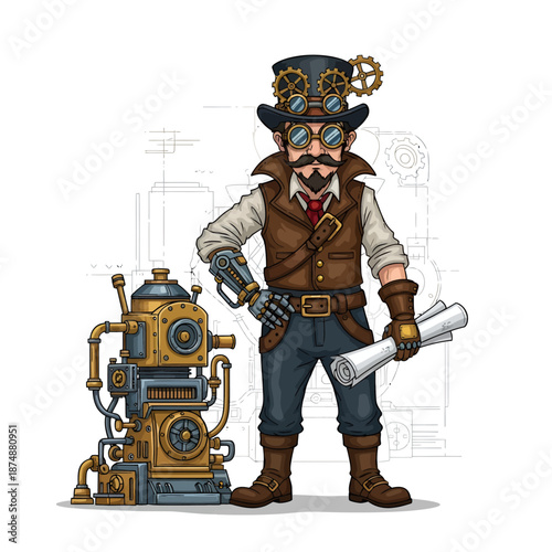Steampunk inventor with robotic arm standing beside industrial machine