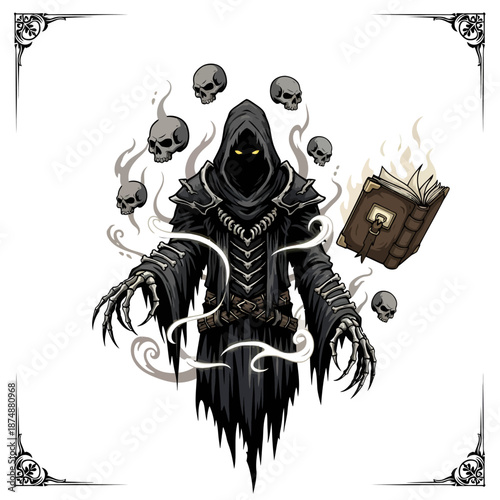 Mysterious dark figure conjuring skulls and ancient book of spells