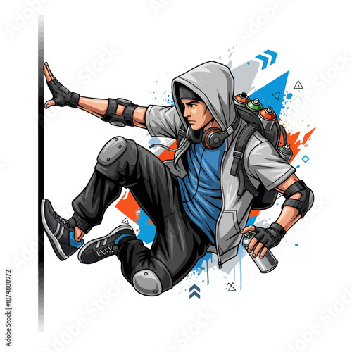 Young graffiti artist in action with spray can and headphones