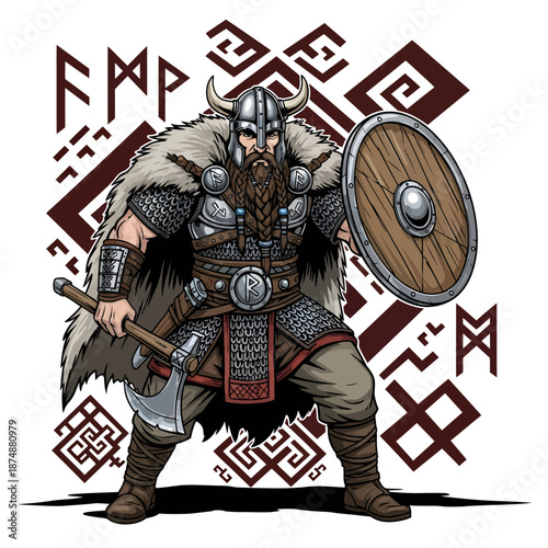Viking warrior in battle gear with axe and shield standing strong