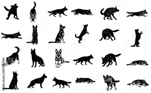 Collection of dynamic dog silhouettes in various poses and movements