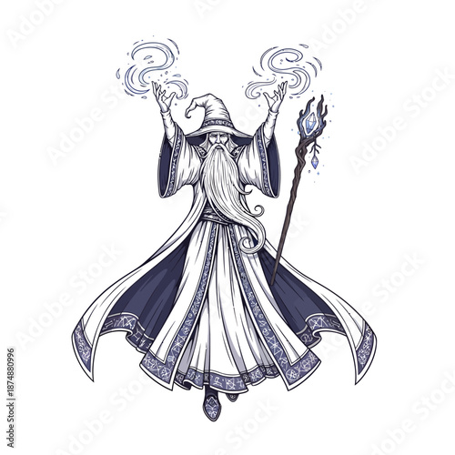 Magical wizard casting spell with mystical staff and swirling magic