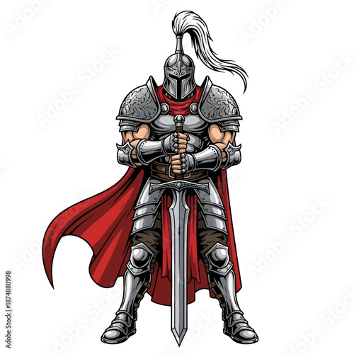 Muscular knight in shining armor holding sword