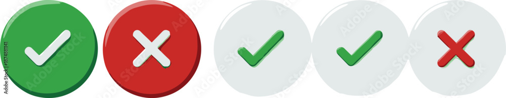 Obraz premium Checkmark and cross button icons for approvals, rejections, confirmations, alerts, UI design, forms, notifications, and web interfaces