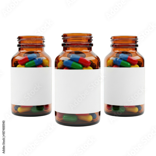 Three medicine bottles with pills isolated on transparent background