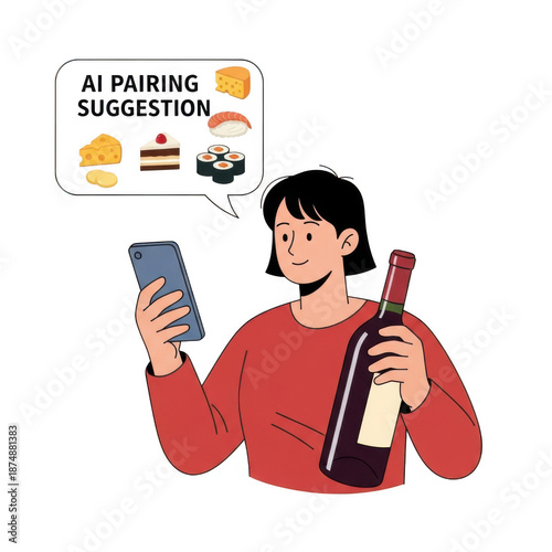 Person using phone for ai food pairing suggestions, isolated on transparent background