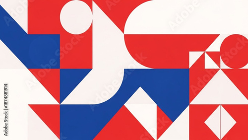 A vibrant geometric illustration of a person in motion, created with bold red, white, and blue shapes.
