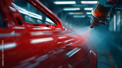 Repainting a car body with a close up view of the paint sprayer on the car body.
