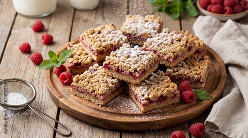 Homemade Raspberry Oatmeal Bars Dusting with Powdered Sugar on a Wooden Serving Board