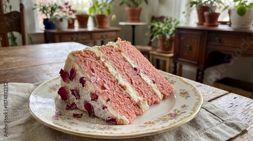 Slice of Pink Rose Layered Cake with Cream Frosting on Floral Plate in Cozy Interior Setting