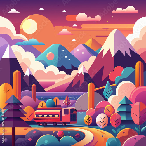 Colorful Futuristic Landscape with Rolling Hills and Flying Vehicles