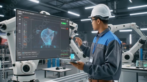 Engineer in hard hat analyzing 3D model on computer screen in industrial setting.