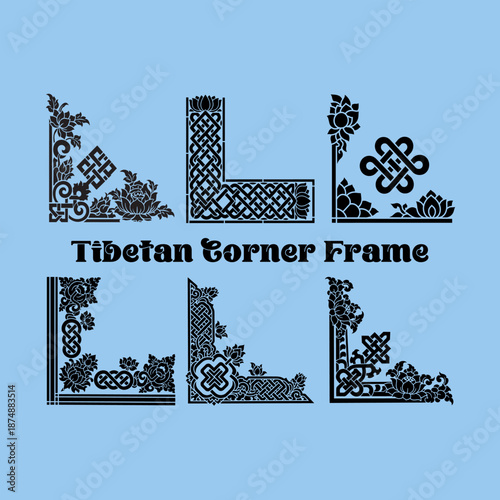 Elegant Tibetan Corner Frame & Border Vector Set with Lotus and Endless Knot Designs