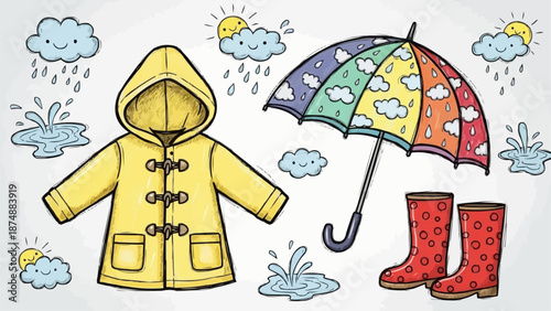 Childrens rain gear and accessories for rainy weather.