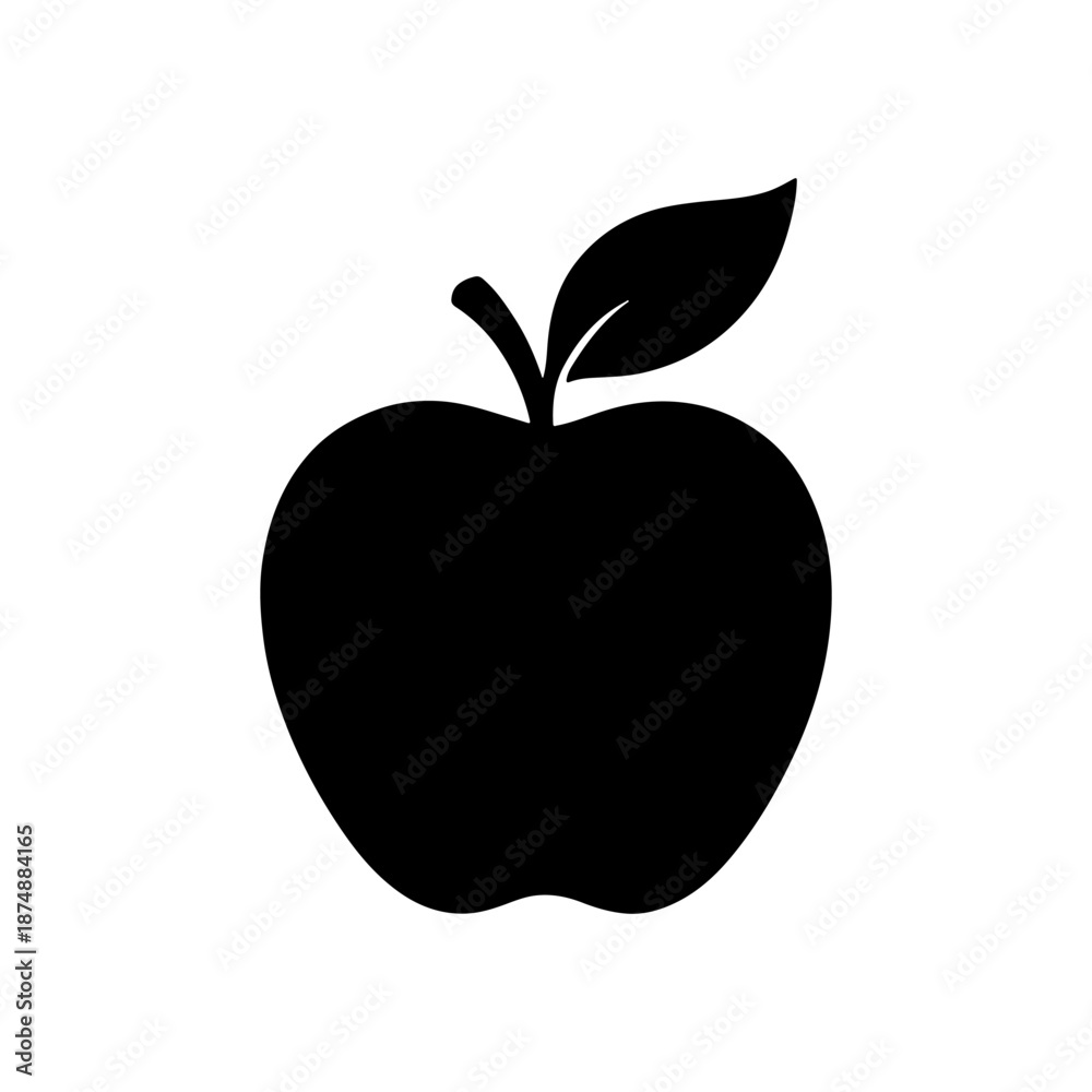 Fototapeta premium Black apple fruit silhouette with leaf isolated on white background icon symbol