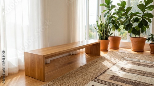 Bright and Airy Interior with Wooden Bench Surrounded by Potted Plants and Sunlight Streaming In