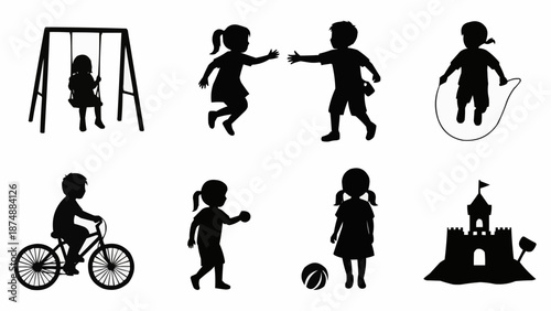 Childrens silhouette playing on swings riding bicycle jumping rope and sandcastle.