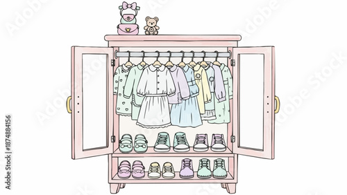 Childrens Wardrobe Filled With Clothes and Shoes.