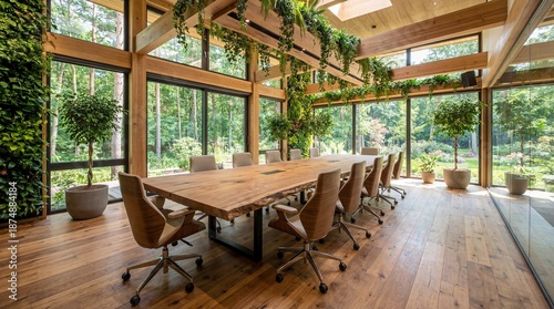 Modern Conference Room with Large Wooden Table and Abundant Natural Light and Greenery