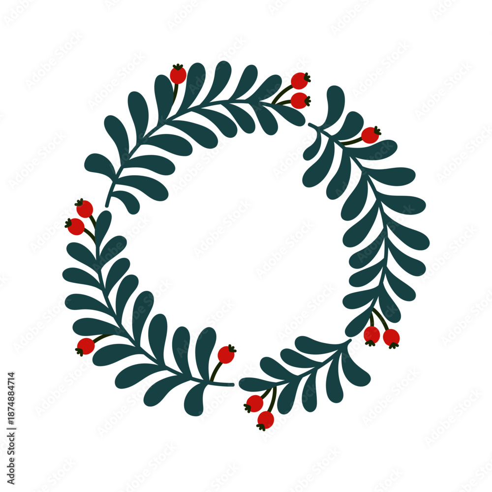 Naklejka premium Christmas wreath vector illustration. Round floral garland with mistletoe leaves, red berries. Festive decoration, botanical frame. Hand drawn clipart for New Years, winter holidays. Isolated on white