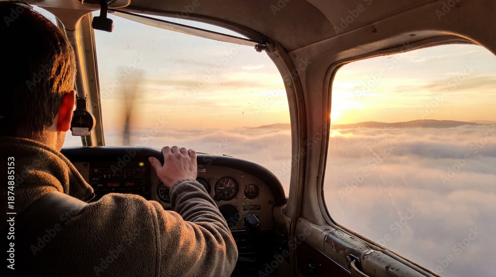 Fototapeta premium Pilot Flying an Airplane at Sunset Above the Clouds in a Scenic Sky View from the Cockpit