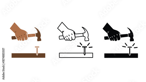 A hand holding a hammer and driving nails into different surfaces