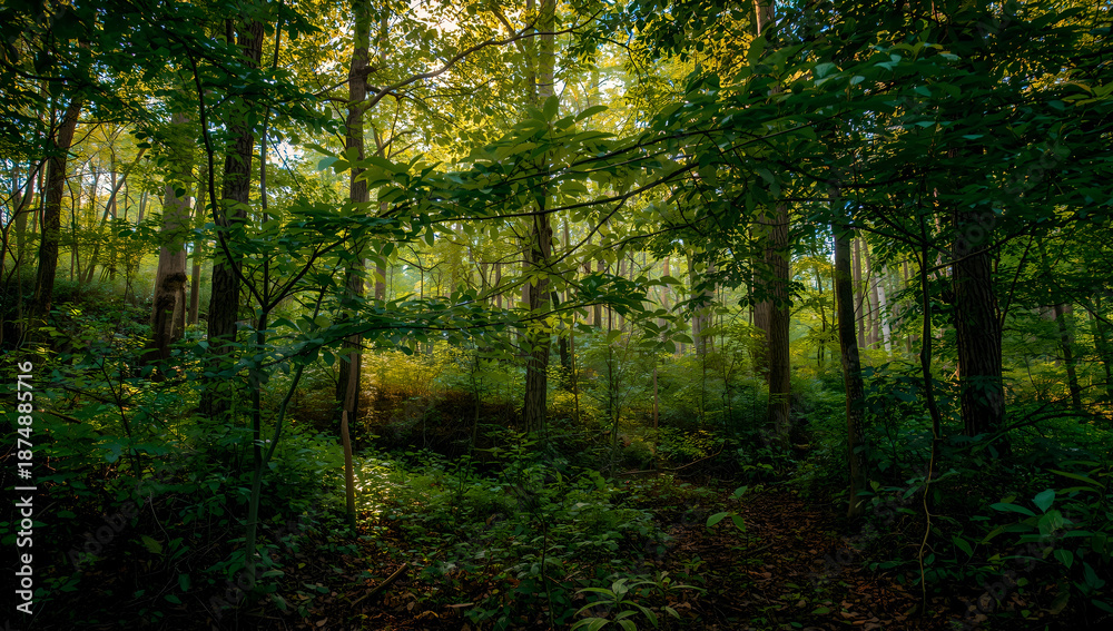 Obraz premium Golden Sunbeams Through Lush Green Forest Canopy With Dappled Light On The Ground