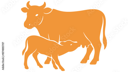 An orange silhouette of a cow and calf nursing together peacefully