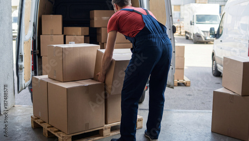 Worker unloading cardboard boxes from a delivery van. Focused on the task, the individual demonstrates efficiency and organization in a logistics setting with multiple packages.