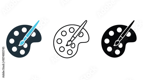 Three paint palettes with brushes in different colors and styles