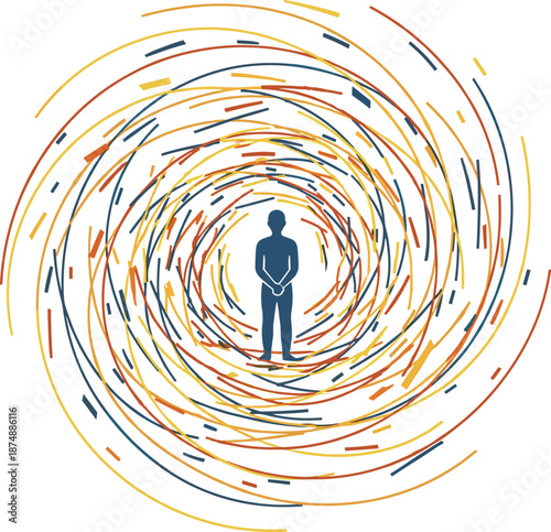 Silhouette of Person Standing at the Center of a Chaotic Swirling Vortex, Concept of Mental Health, Social Anxiety, and Finding Stillness in Chaos Vector Illustration