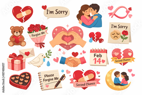 Valentine’s Day Heartfelt Apology and Forgiveness Flat Icon Set with Reconciliation Symbols