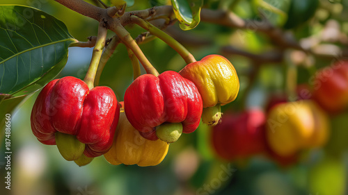 Cashew fruit on the tree with bright red and yellow colors.