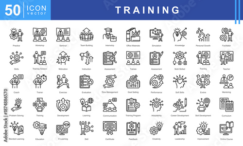 Training icon set featuring practice, workshop, seminar, team building, internship, skills, motivation, instruction, and assessment. Perfect for career development and education projects.