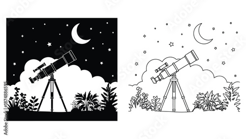 telescope illustrations in two styles for coloring book pages