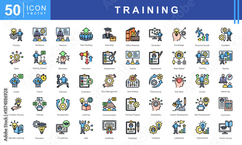 Training icon set featuring practice, workshop, seminar, team building, internship, skills, motivation, instruction, and assessment. Perfect for career development and education projects.