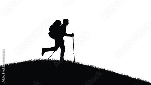 a person hiking on a hill with a backpack and trekking poles
