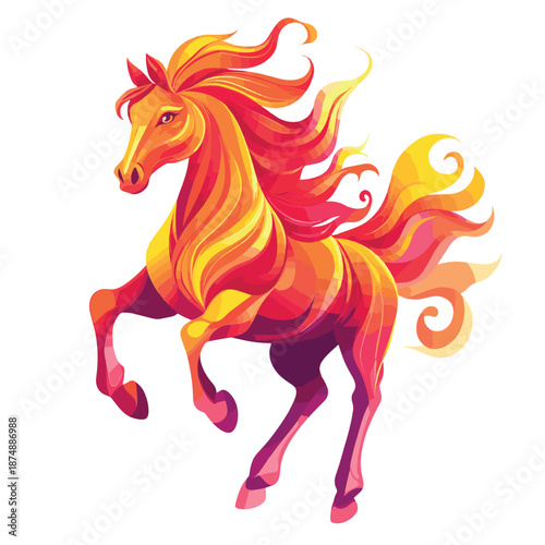 Bright red fire horse with orange flying mane reared up