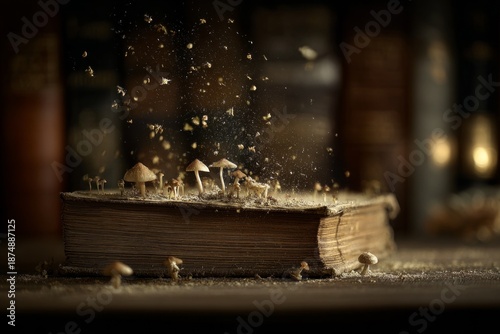 A neglected book in a library, spores rising from its pages like ancient secrets.