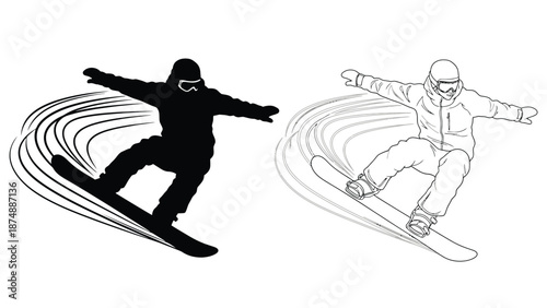 snowboarder in motion with two different illustration styles
