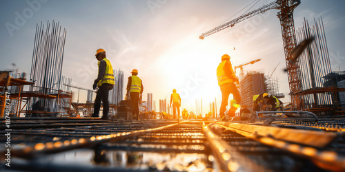 Construction workers at sunset on building site with cranes and scaffolding silhouettes
