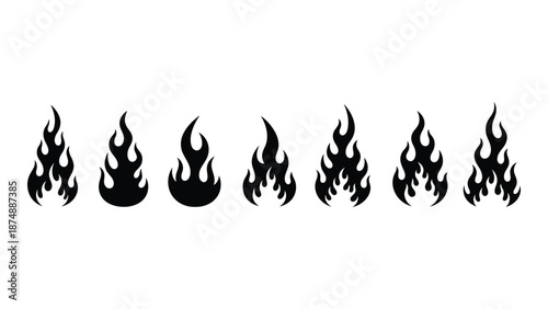 A row of seven stylized black flame graphics isolated on a white background
