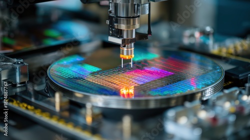 High-Tech Semiconductor Manufacturing Process with advanced machinery and colorful silicon wafers
