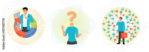 Marketing analysis chart diagram. Anonymous businessman With Question Mark Head. Tough decisions.