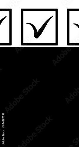 black and white background, check mark inside white box. copy space vector design.