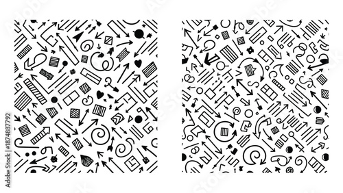 black and white icons pattern background with various objects