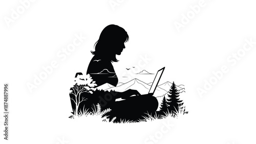 woman sitting in nature with laptop and enjoying scenery